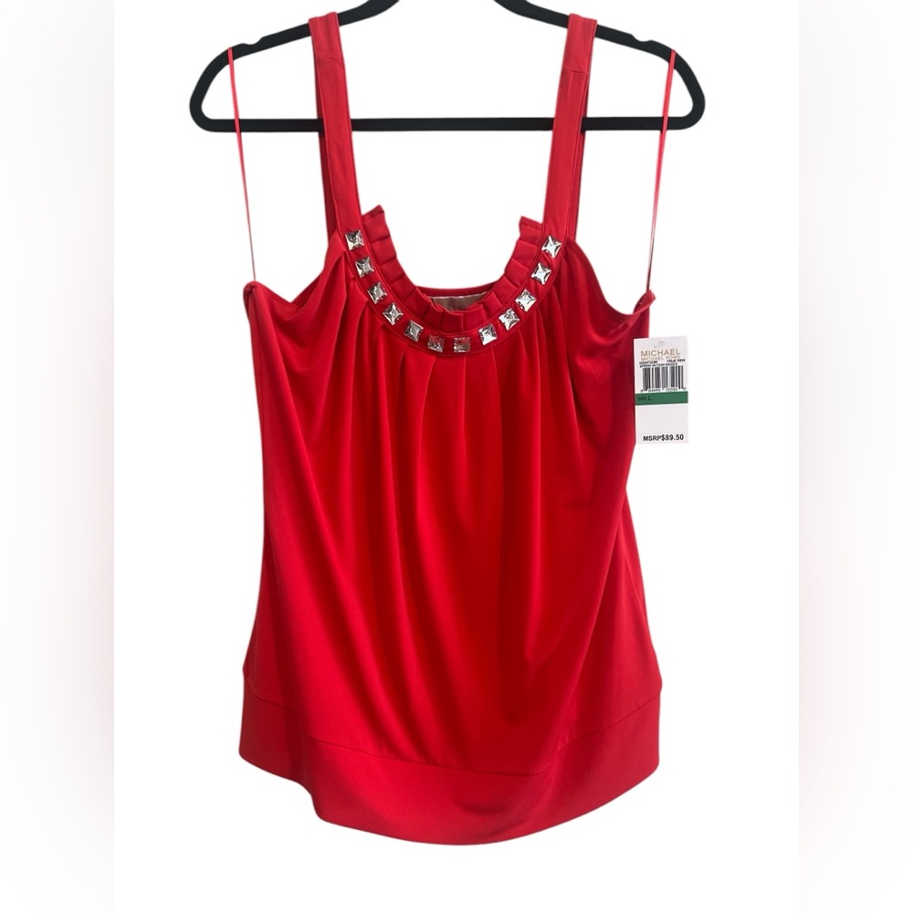 Michael Kors Red Strappy Top Embellished With Clear Stones Around The Neckline